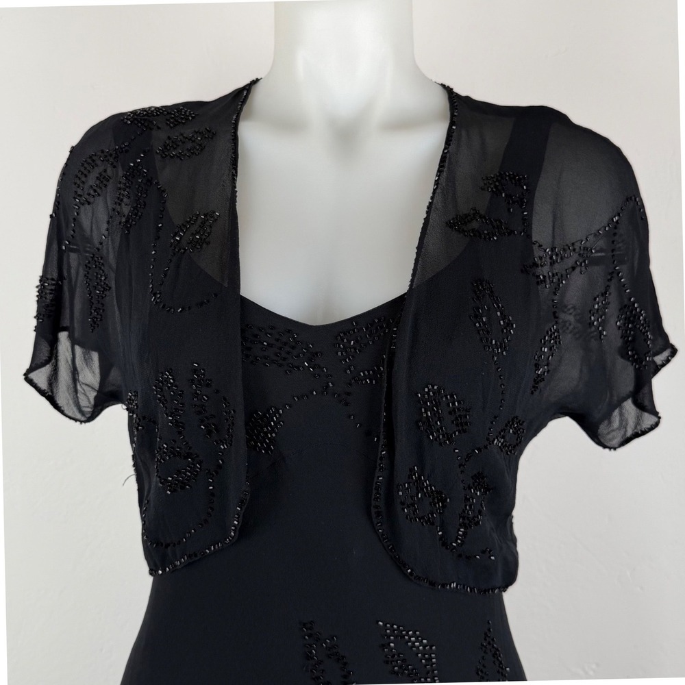 Jones New York Dress Black Silk Beaded Midi Dress & Bolero Set Size 6 Bias Cut